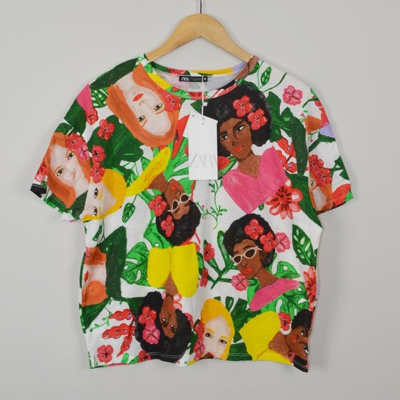 Zara Tops - Womens Ladies Faces Floral Cropped Graphic Short Sleeve Tee Shirt NWT